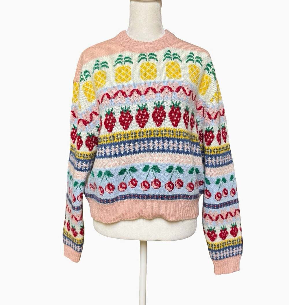 Zara Pink Multicolor Fruit Knit Crewneck Pullover Sweater Long Sleeve Womens M